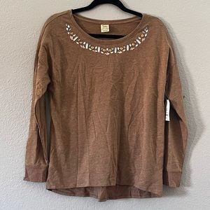 New Women's Size M Sweatshirt Long Sleeve Light Brown Faded Glory Embellished